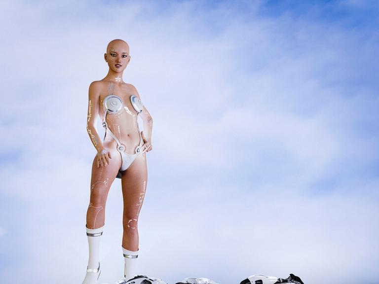 Cyborg-Frau stehend auf dem Kopf eines besiegten Roboter-Manns