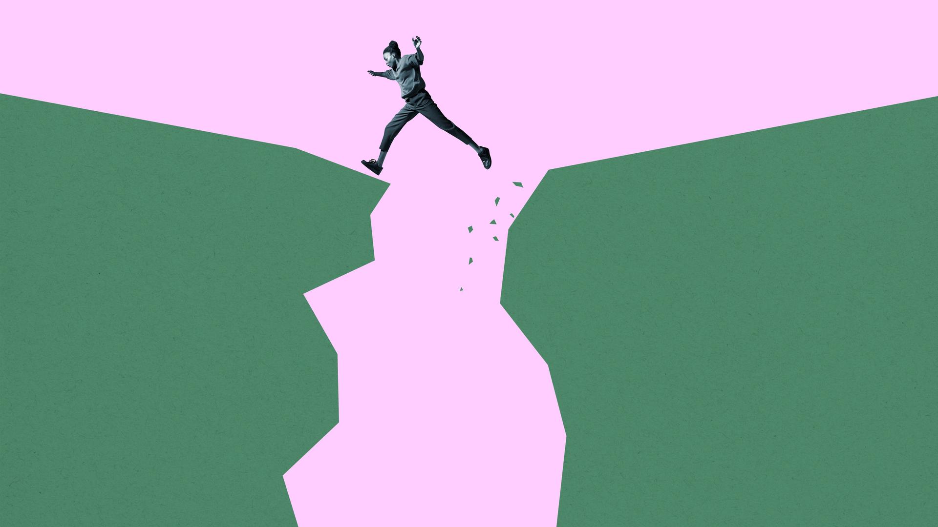 Eine junge Frau springt vor pinkem Hintergrund über grüne Klippen. (Collage)

