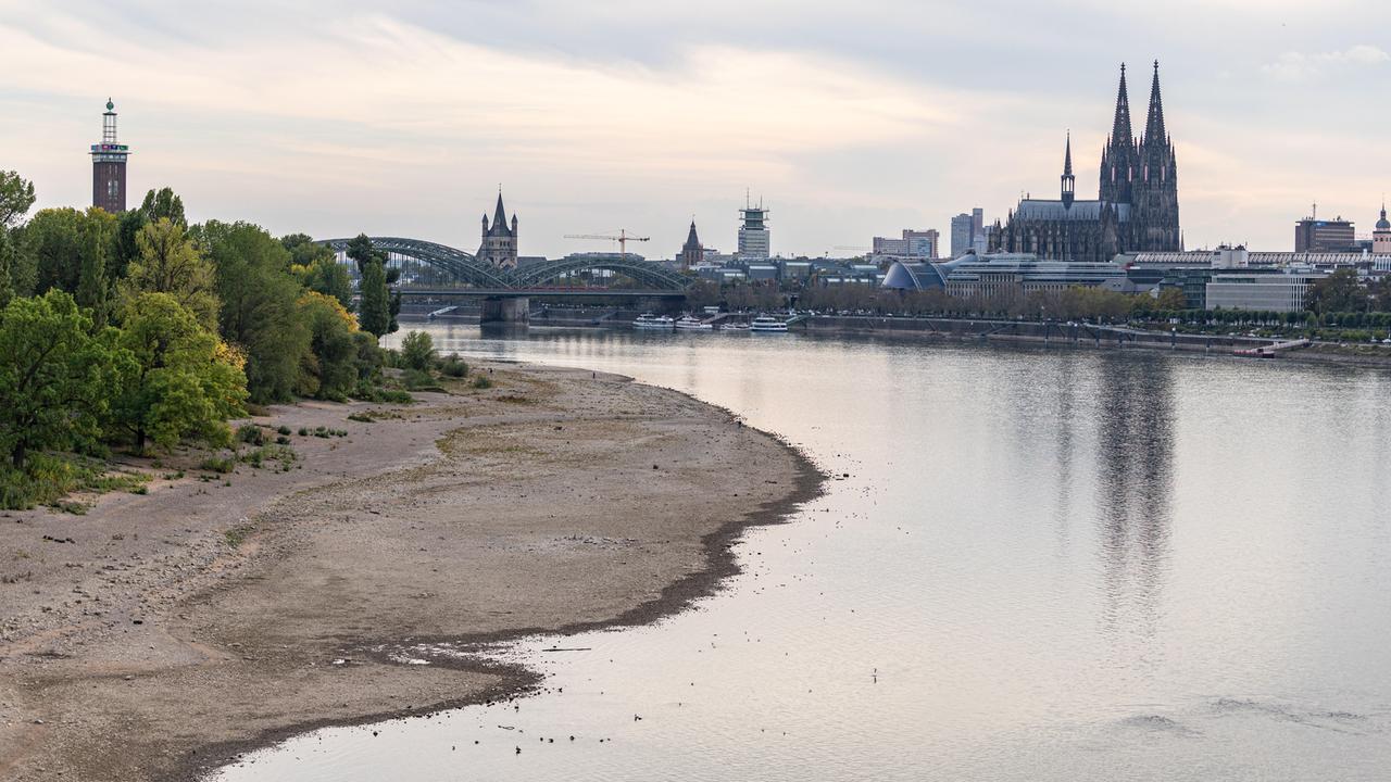 Blick über den Rhein Richtung Kölner Dom. Durch die anhaltende Niedrigwasserlage liegt der breite Kiesstrand am linken Rheinufer frei.