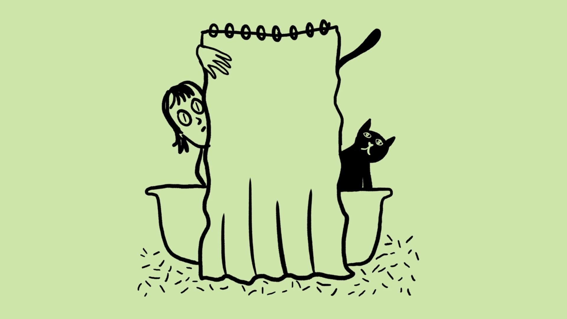 Skizze einer Badewanne mit zugezogenem Duschvorhang, links schaut ein Frauenkopf dahinter hervor, rechts eine Katze Skizze einer Badewanne mit zugezogenem Duschvorhang, links schaut ein Frauenkopf dahinter hervor, rechts eine Katze