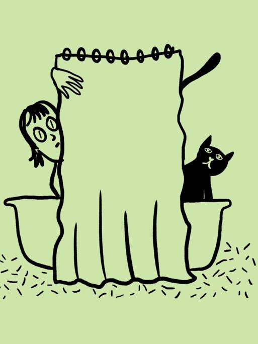 Skizze einer Badewanne mit zugezogenem Duschvorhang, links schaut ein Frauenkopf dahinter hervor, rechts eine Katze Skizze einer Badewanne mit zugezogenem Duschvorhang, links schaut ein Frauenkopf dahinter hervor, rechts eine Katze