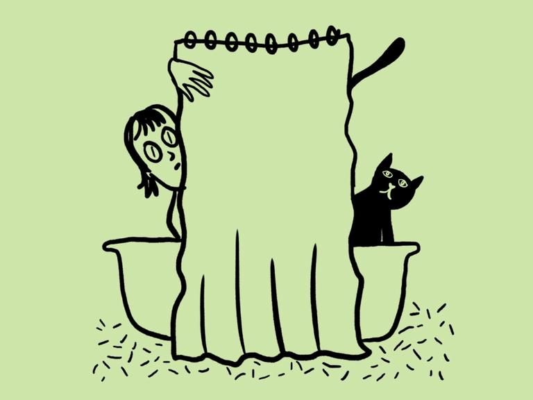 Skizze einer Badewanne mit zugezogenem Duschvorhang, links schaut ein Frauenkopf dahinter hervor, rechts eine Katze Skizze einer Badewanne mit zugezogenem Duschvorhang, links schaut ein Frauenkopf dahinter hervor, rechts eine Katze