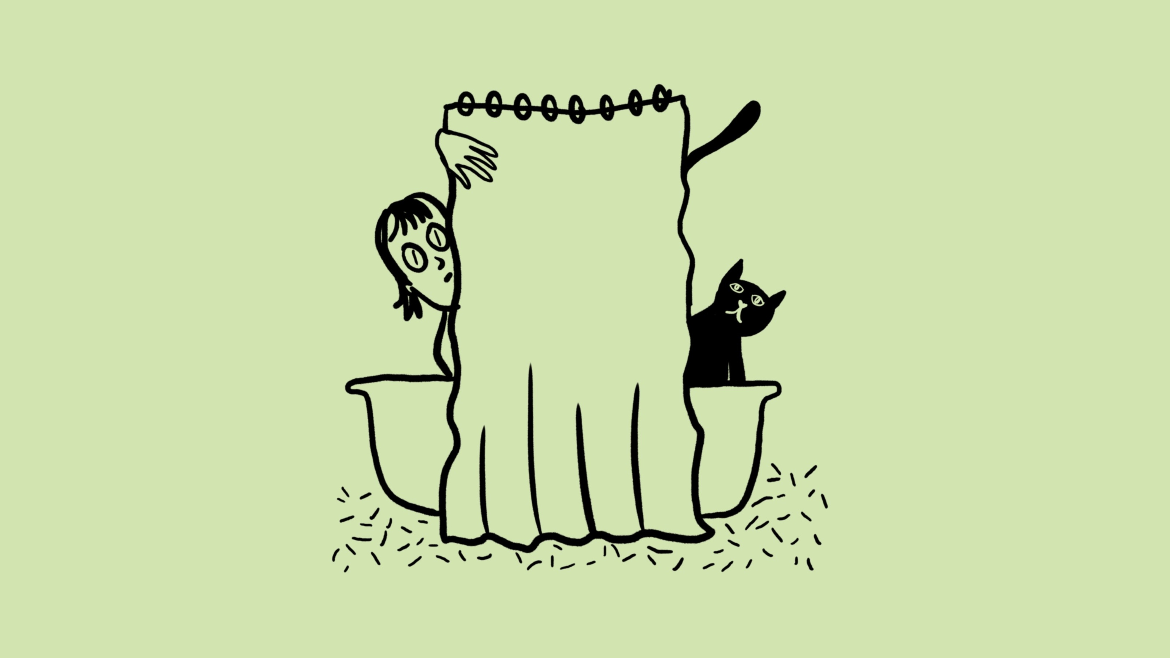 Skizze einer Badewanne mit zugezogenem Duschvorhang, links schaut ein Frauenkopf dahinter hervor, rechts eine Katze