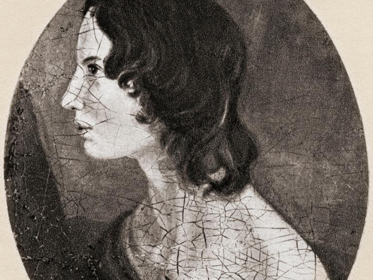 Emily Brontë auf einem Bild ihres Bruders Branwell. Die abgebildete Frau sitzt mit schulterfreiem Oberteil im Profil, sie hat lange, dunkle Haare.