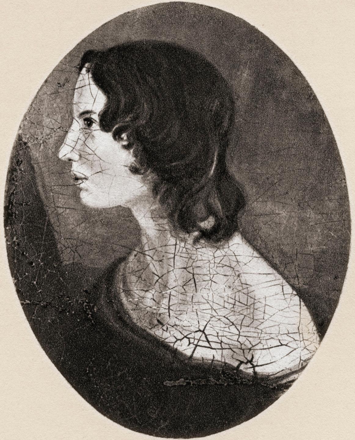Emily Brontë auf einem Bild ihres Bruders Branwell. Die abgebildete Frau sitzt mit schulterfreiem Oberteil im Profil, sie hat lange, dunkle Haare.