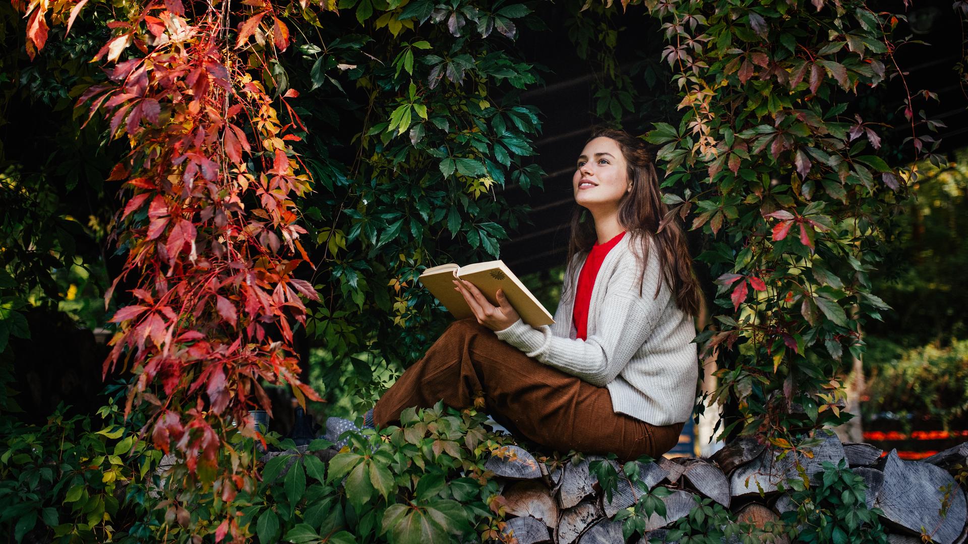 Porträt einer Frau, die lesend auf einer Mauer sitzt, die von wildem Wein umschlossen wird. Porträt einer Frau, die lesend auf einer Mauer sitzt, die von wildem Wein umschlossen wird.