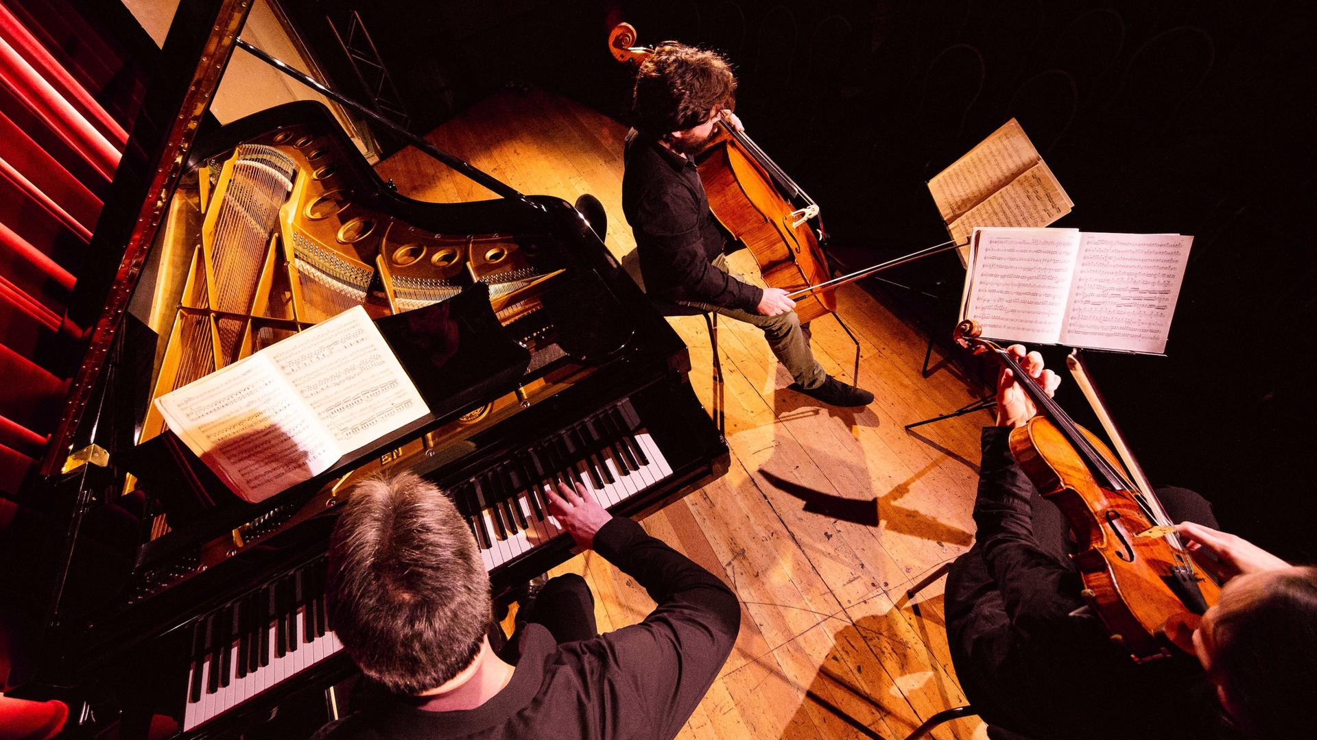 Blick von oben auf die drei Instrumente der Atos-Trio-Musiker bei einem Konzert.