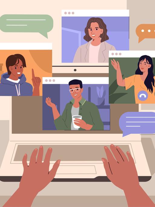 Verschiedene Menschen sind in einer Video-Meeting bei einer Online-Diskussion zu sehen.