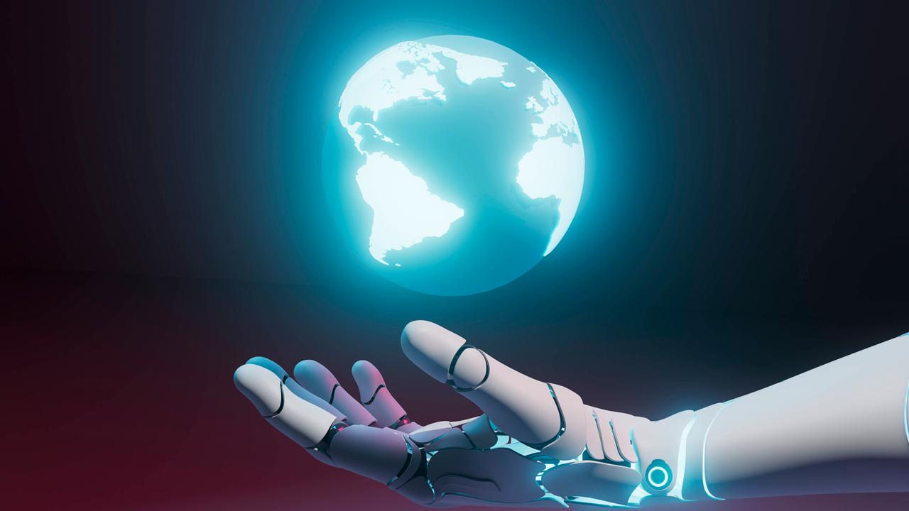 Eine Illustration zeigt eine geöffnete Roboter-Hand, über der ein leuchtender Erdball schwebt. 