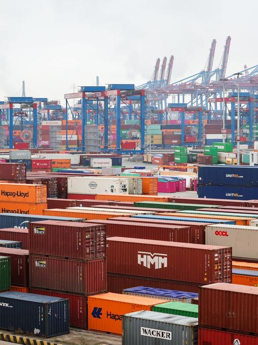 Bunte Container reihen sich aneinander auf dem Containerterminal Burchardkai (CTB) der Hamburger Hafen und Logistik AG HHLA im Hamburger Hafen. Im hintergrund sind die typischen blauen und roten Krähne sichtbar.