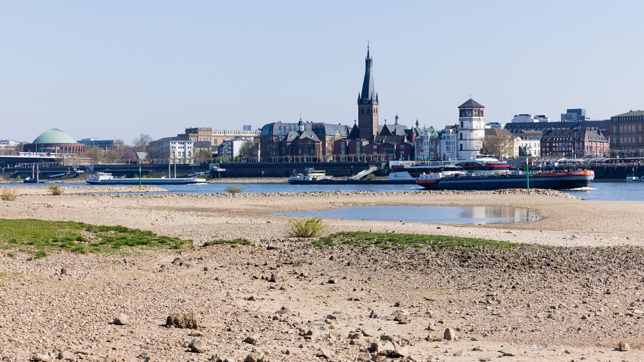 Trockenheit herrscht am Rhein in Oberkassel mit Blick auf die Altstadt. 