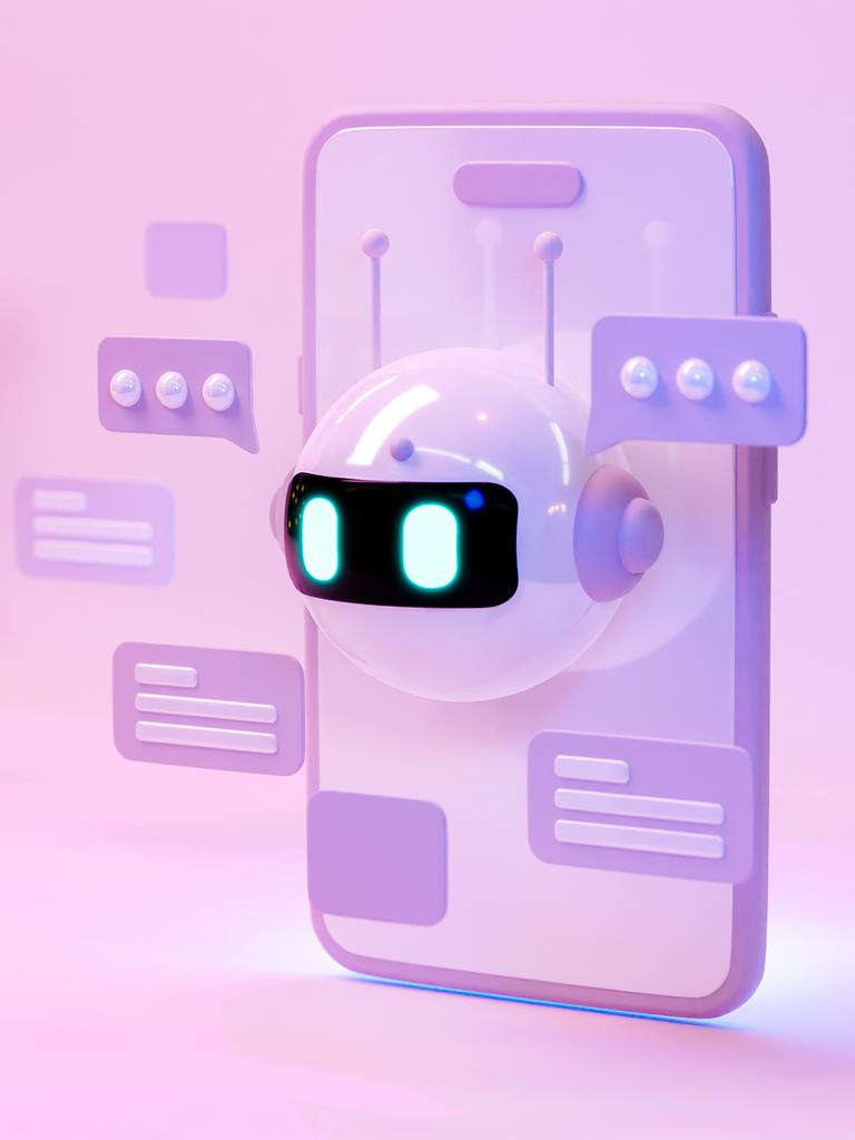 Ein Display eines Telefons mit einem KI-Chatbot-Gesicht und Sprechblasen.