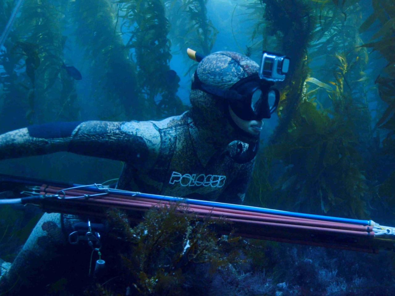 Unterwasseraufnahme von Mitsuki Hara mit Harpune beim Speerfischen im Meer