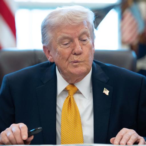 Das Foto zeigt US-Präsident Trump. Er sitzt am Schreibtisch im Oval Office.
