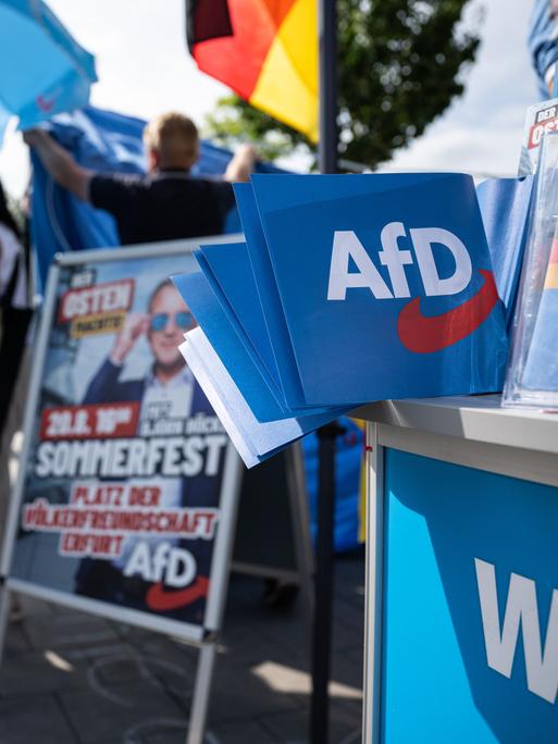 AfD-Wahlmaterial liegt an einem Stand aus. Verschwommen im Hintergrund: Menschen stehen an einem Stehtisch unter einem blauen AfD-Sonnenschirm und sprechen miteinander. Auch eine Deutschlandfahne ist zu sehen. 