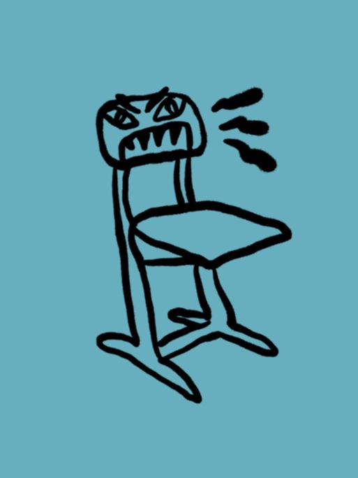 Skizze eines typischen Klassenzimmerstuhls, dessen Stuhllehne eine Art hassverzerrtes gesicht darstellt. Skizze eines typischen Klassenzimmerstuhls, dessen Stuhllehne eine Art hassverzerrtes gesicht darstellt.