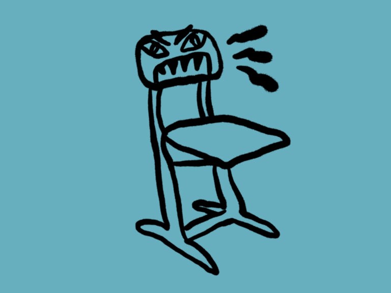 Skizze eines typischen Klassenzimmerstuhls, dessen Stuhllehne eine Art hassverzerrtes gesicht darstellt. Skizze eines typischen Klassenzimmerstuhls, dessen Stuhllehne eine Art hassverzerrtes gesicht darstellt.
