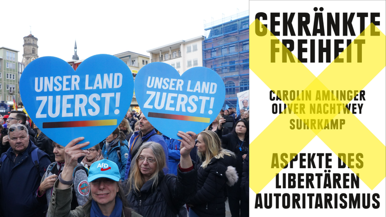 Das Buchcover von Carolin Amlinger, Oliver Nachtwey: „Gekränkte Freiheit. Aspekte des libertären Autoritarismus“ vor der Kullise einer AfD-Kundgebung und Gegendemos in Stuttgart am 12.11.22