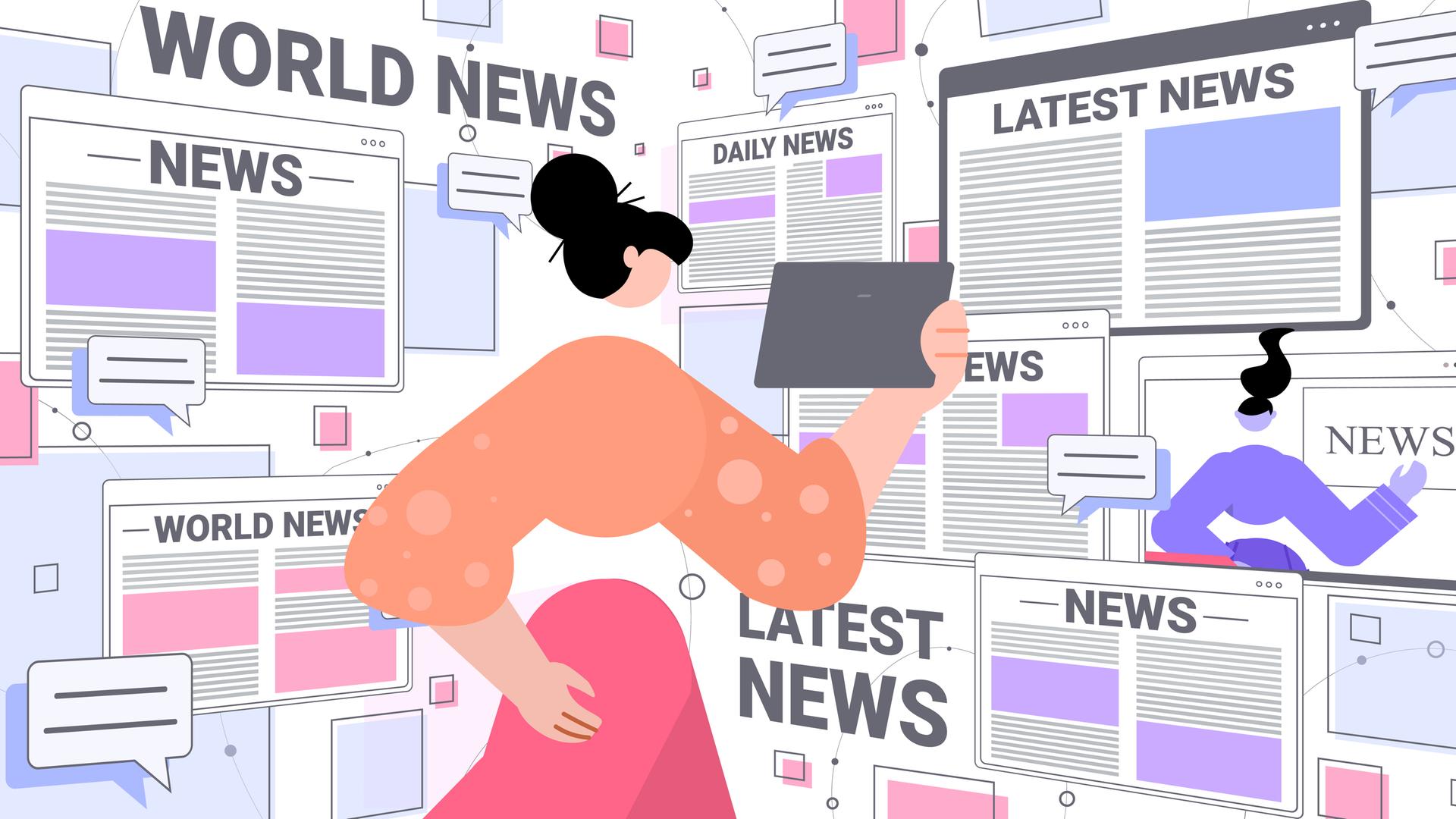 Illustration zeigt eine Frau die Nachrichten auf einem Tablett liest. Hinter ihr werden auf verschiedenen Bildschirman aktuelle Nachrichten angezeigt.