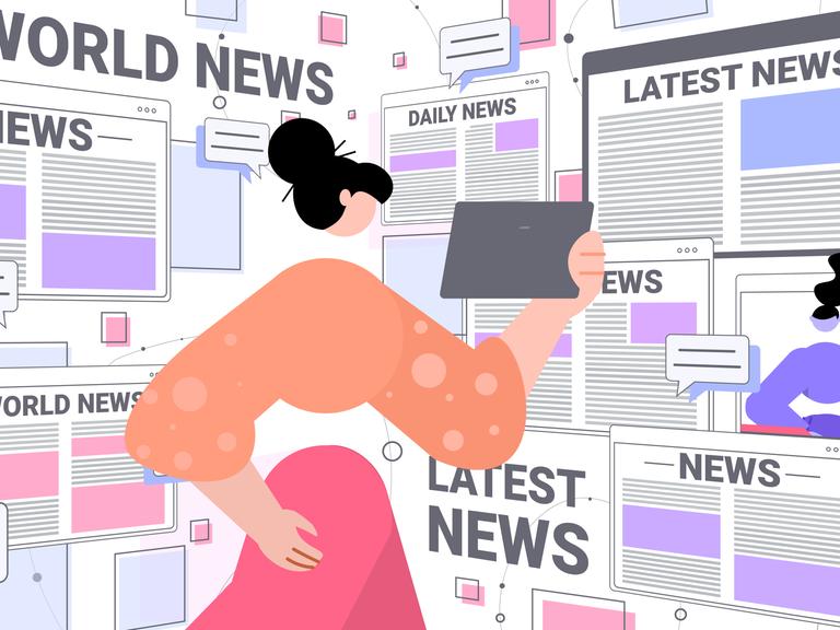 Illustration zeigt eine Frau die Nachrichten auf einem Tablett liest. Hinter ihr werden auf verschiedenen Bildschirman aktuelle Nachrichten angezeigt.