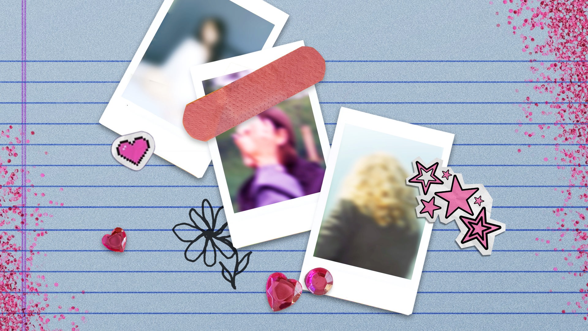 Auf einem linierten Blatt liegen drei Polaroidfotos, die Personen darauf sind verschwommen, darüber ein Pflaster, daneben Sternchen und Glitzerherzen