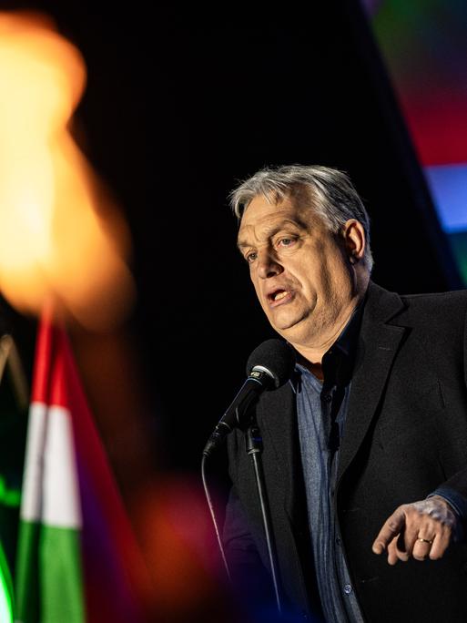 Viktor Orbán steht bei einer Veranstaltung zwischen ungarischen Flaggen auf der Bühne und spricht zu seinem Publikum.