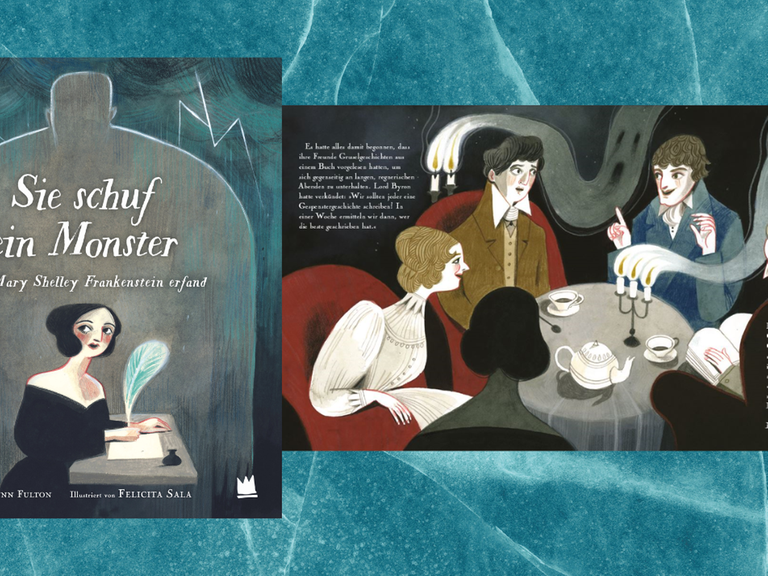 Das Cover des Buches von Lynn Fulton: „Sie schuf ein Monster. Wie Mary Shelley Frankenstein erfand“ und Illustrationen von Felicita Sala
