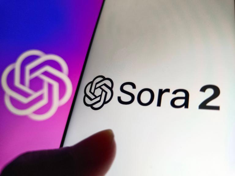 Auf einem Smartphone-Bildschirm leuchtet das Logo der App Sora2 der Firma Open AI. Auf einem Smartphone-Bildschirm leuchtet das Logo der App Sora2 der Firma Open AI.