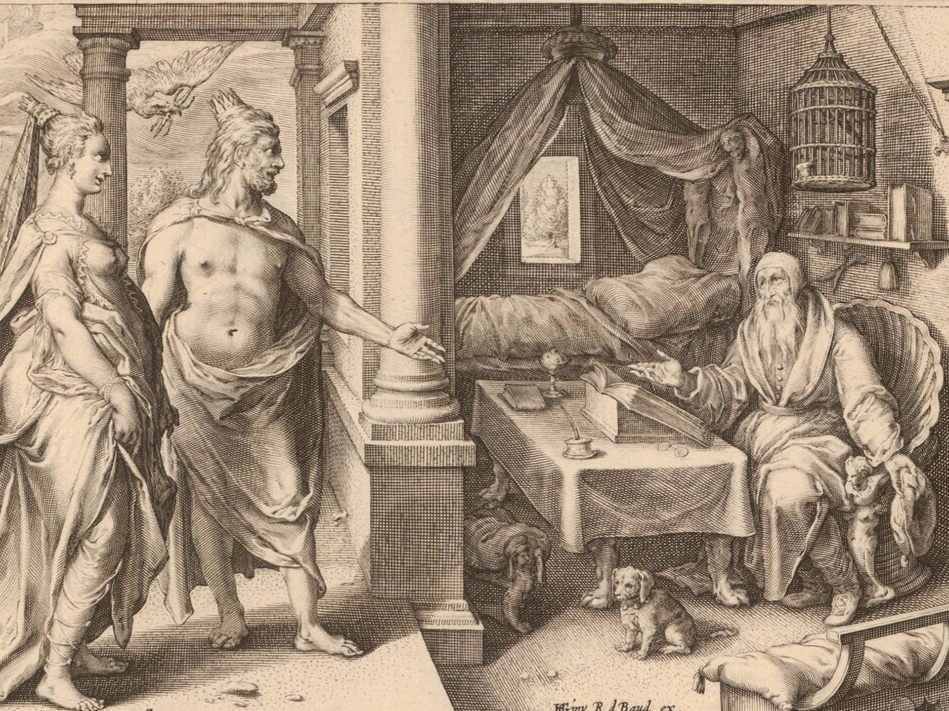 Reproduktion eines Kupferstichs von 1615: Hendrick Goltzius: Jupiter und Juno befragen Teiresias