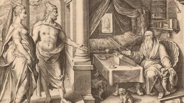 Reproduktion eines Kupferstichs von 1615: Hendrick Goltzius: Jupiter und Juno befragen Teiresias
