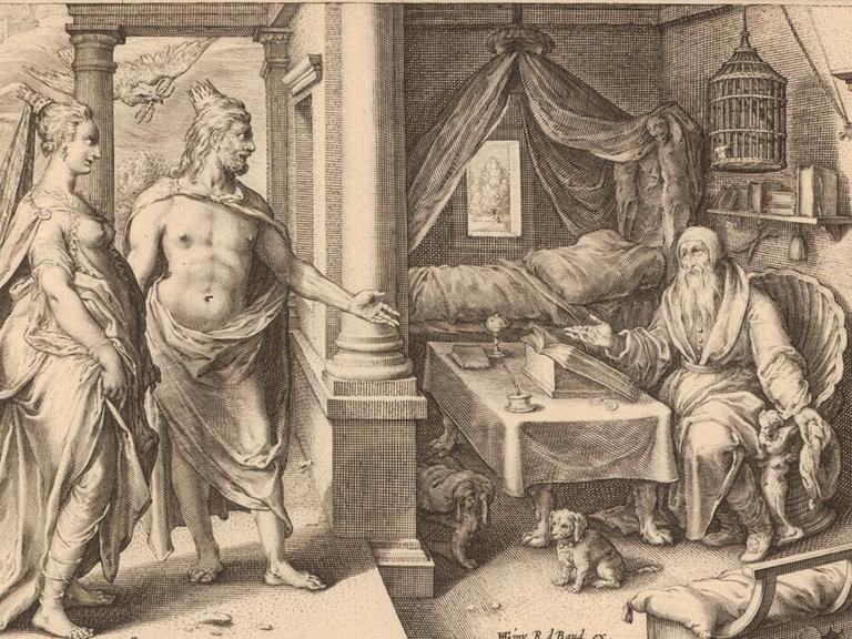 Reproduktion eines Kupferstichs von 1615: Hendrick Goltzius: Jupiter und Juno befragen Teiresias