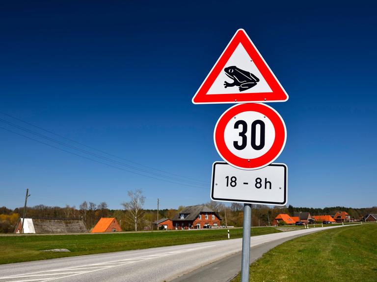 Verkehrsschild Achtung Krötenwanderung und Tempolimit am Altengammer Hauptdeich in Hamburg, Deutschland 