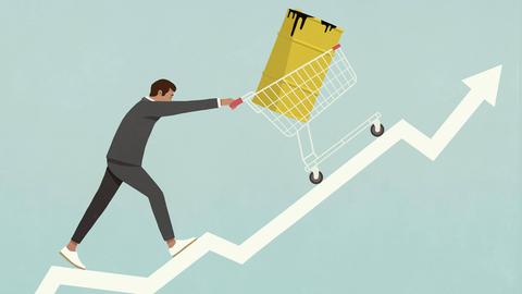 Illustration eines Geschäftsmannes, der unter sichtlicher Anstrengung ein Ölfass in einem Einkaufswagen einen steigenden Graph hinaufschiebt