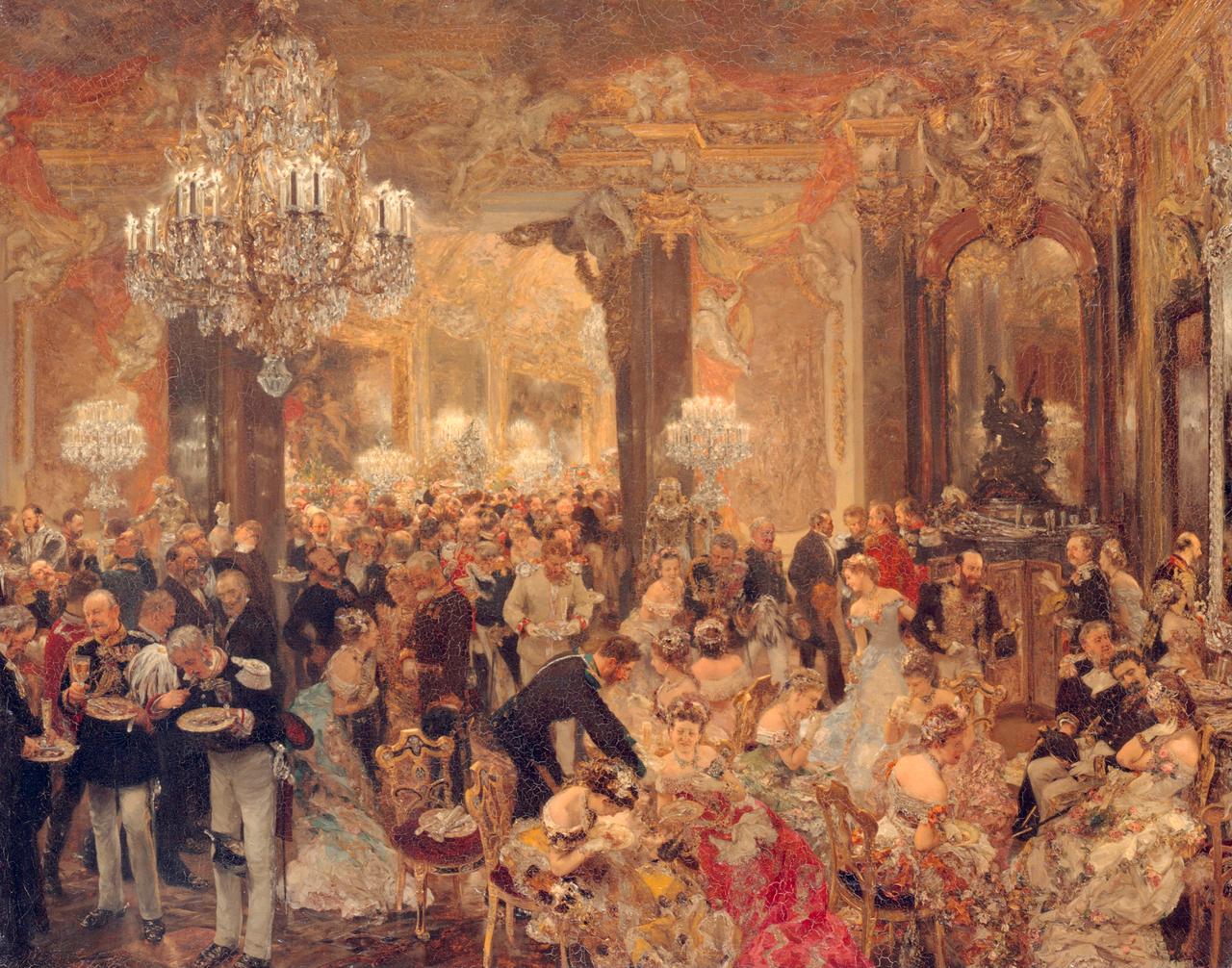Das Gemälde von Adolph Menzel zeigt eine Ballszene in einem opulenten Saal mit großen Kronenleuchtern.