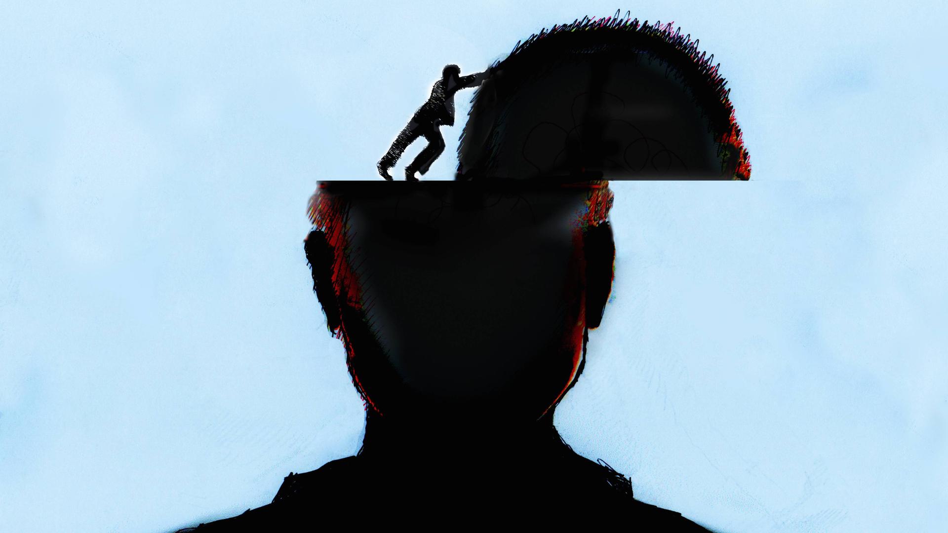 Eine Illustration zeigt frontal die Silhouette eines Menschen, dem die Schädeldecke von einem kleinen Menschen zur Seite geschoben wird