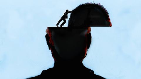 Eine Illustration zeigt frontal die Silhouette eines Menschen, dem die Schädeldecke von einem kleinen Menschen zur Seite geschoben wird
