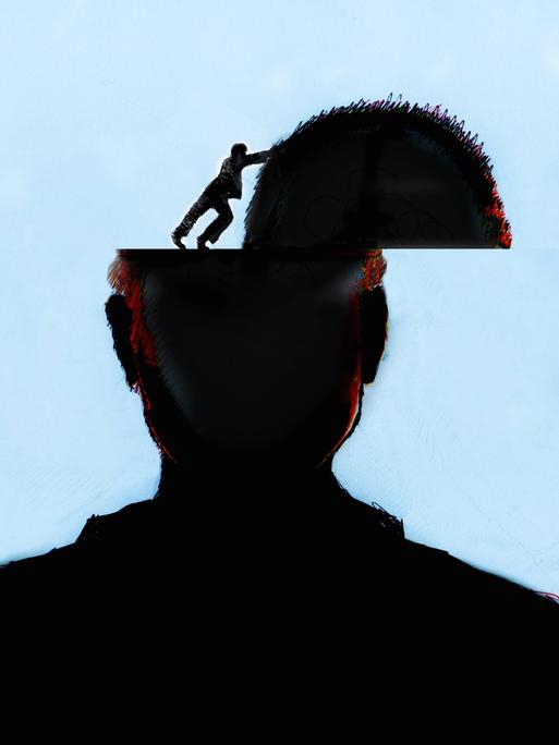 Eine Illustration zeigt frontal die Silhouette eines Menschen, dem die Schädeldecke von einem kleinen Menschen zur Seite geschoben wird
