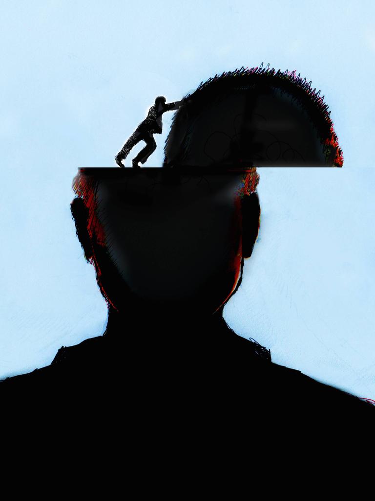 Eine Illustration zeigt frontal die Silhouette eines Menschen, dem die Schädeldecke von einem kleinen Menschen zur Seite geschoben wird