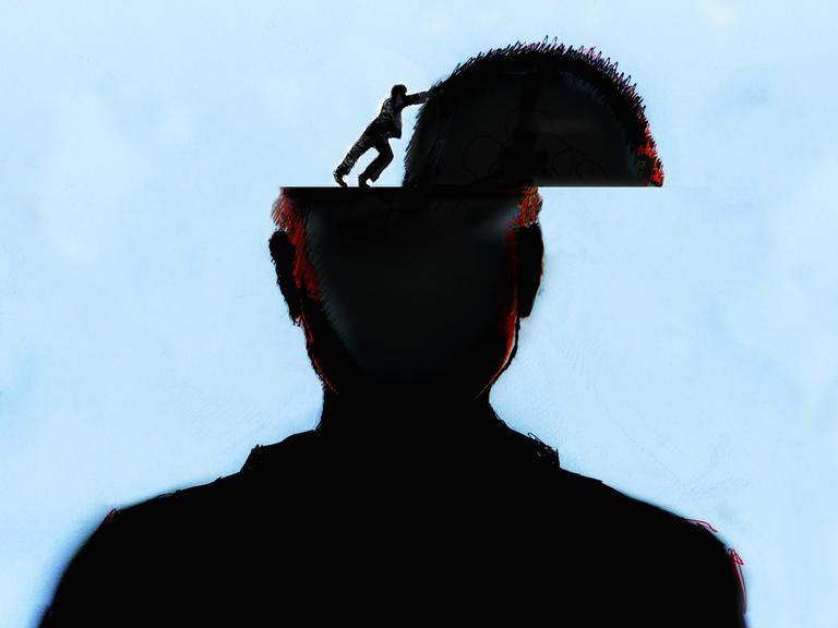 Eine Illustration zeigt frontal die Silhouette eines Menschen, dem die Schädeldecke von einem kleinen Menschen zur Seite geschoben wird