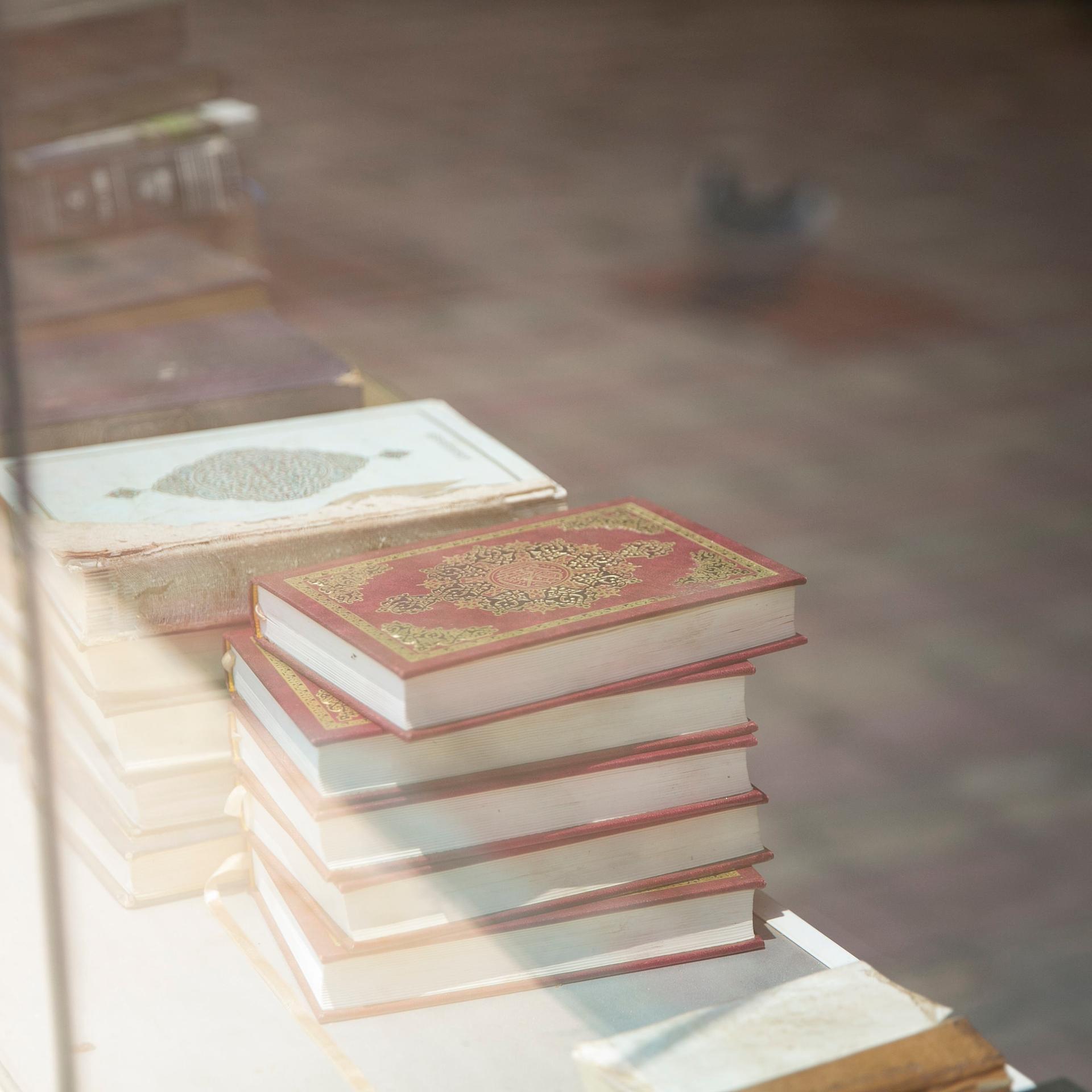 Durch ein Fenster kann man verschiedene Bücherstapelt sehen.