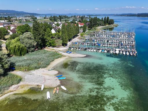 Niedrigwasser: Auf der Insel Reichenau im Bodensee liegen die Boote im Hafen. Niedrigwasser: Auf der Insel Reichenau im Bodensee liegen die Boote im Hafen.