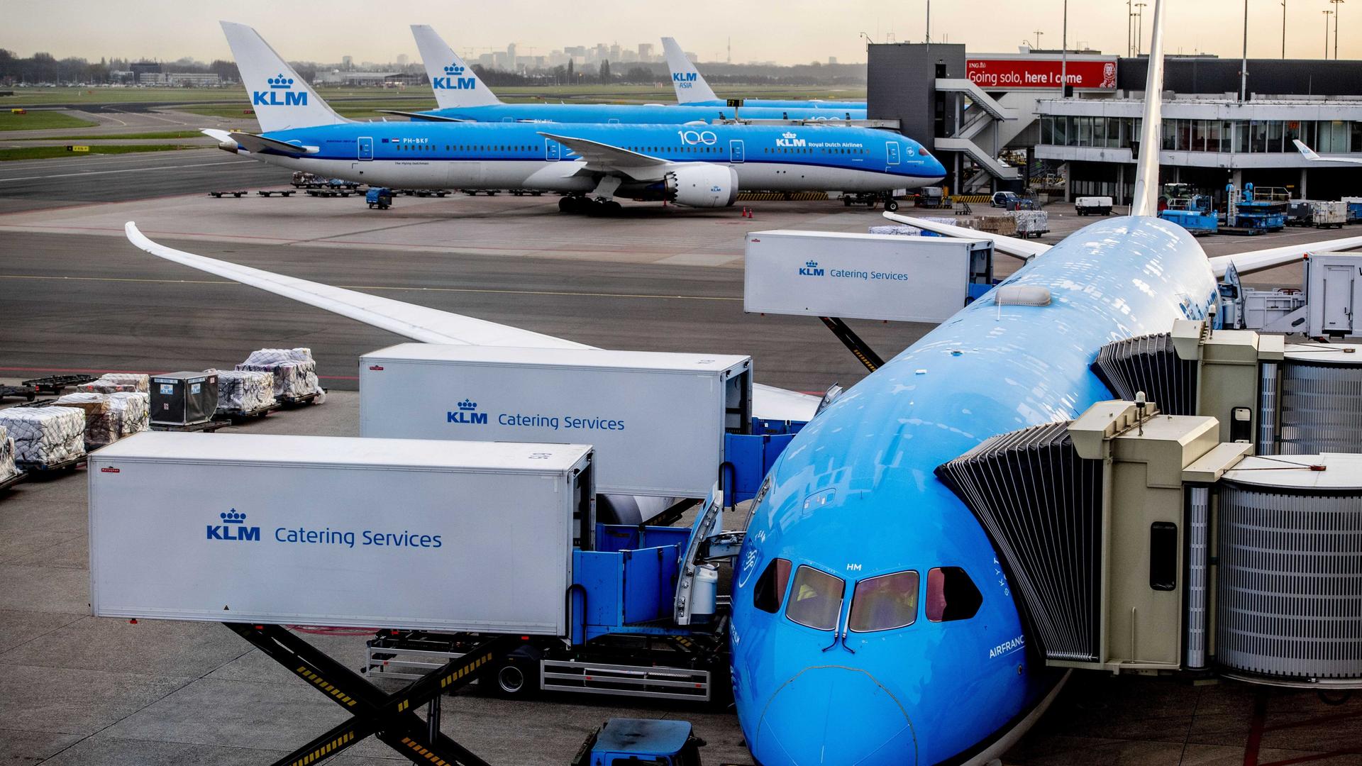 Blau lackierte Flugzeuge stehen am Terminal des Amsterdamer Flughafens, die Maschine im Vordergrund wird aus Containern des Catering-Services beladen Blau lackierte Flugzeuge stehen am Terminal des Amsterdamer Flughafens, die Maschine im Vordergrund wird aus Containern des Catering-Services beladen