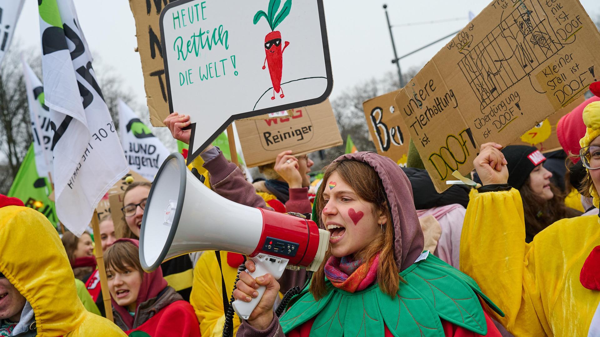 Mehrere Menschen stehen bei einer Demonstration nebeneinander und halten Plakate in die Höhe. Vorn steht eine Frau in einem Erdbeer-Kostüm. Sie spricht in ein Megafon. 