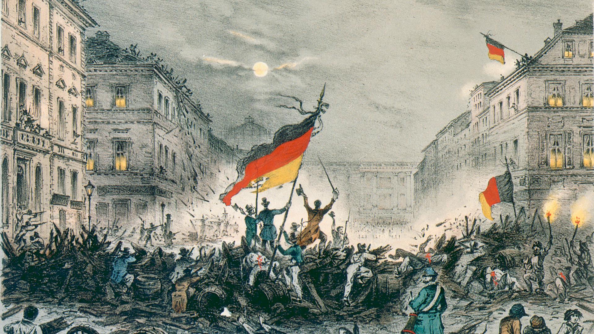 Eine Kreide-Litografie zeigt Straßenkämpfe in der Breite Straße in Berlin, in der Nacht vom 18. auf den 19. März 1848 – die Märzrevolution.