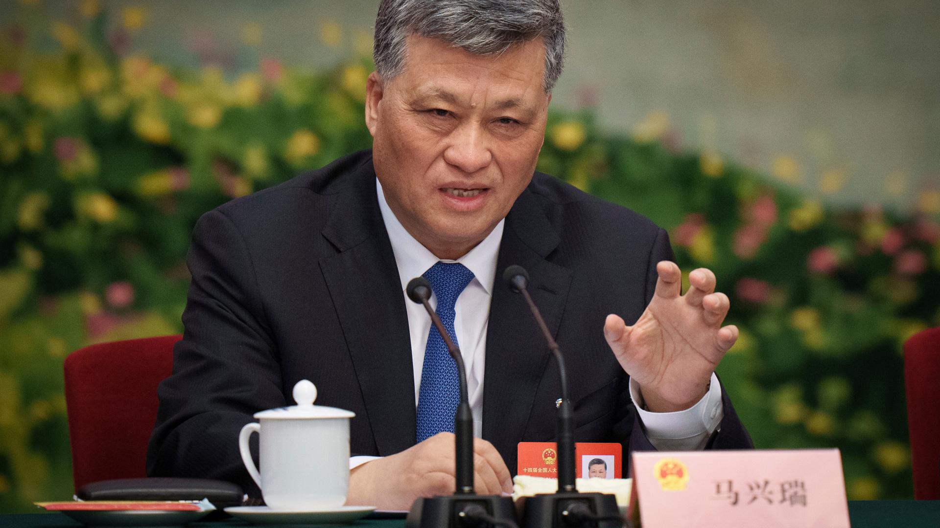 Ma Xingrui, Parteisekretär von Xinjiang, spricht am Freitag, dem 7. März 2025, während einer Pressekonferenz in der Großen Halle des Volkes in Chinas Hauptstadt Peking.