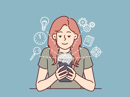 Zeichnung: Frau mit Handy nutzt künstliche Intelligenz und Apps.