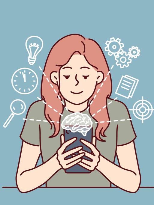 Zeichnung: Frau mit Handy nutzt künstliche Intelligenz und Apps. Zeichnung: Frau mit Handy nutzt künstliche Intelligenz und Apps.