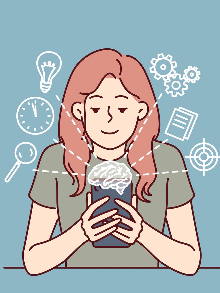 Zeichnung: Frau mit Handy nutzt künstliche Intelligenz und Apps.