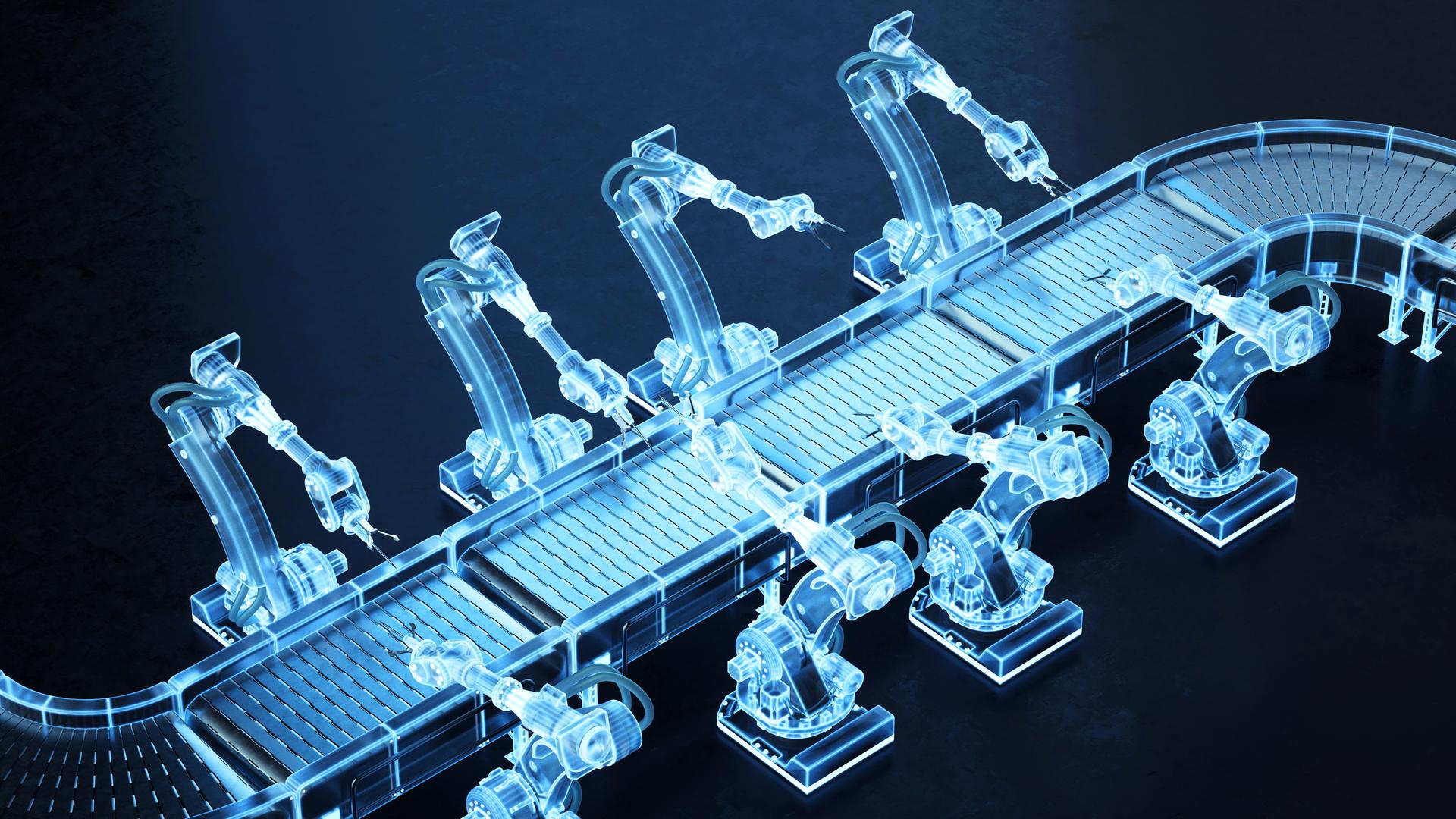 Digital gerenderte Illustration einer Fertigungslinie mit Roboterarmen.