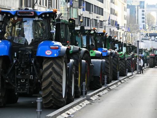 Dicht an dicht stehen hunderte Traktoren auf einer Straße in Brüssel und blockieren die Zufahrt zum Europaviertel.